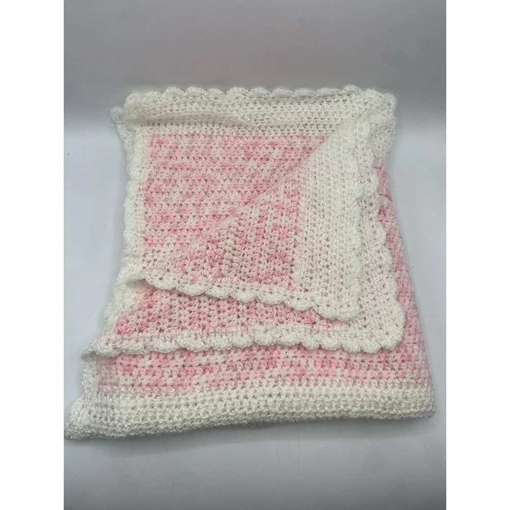 Handmade Crochet Baby Blanket Pink White Scalloped Border Soft Knit Nursery
